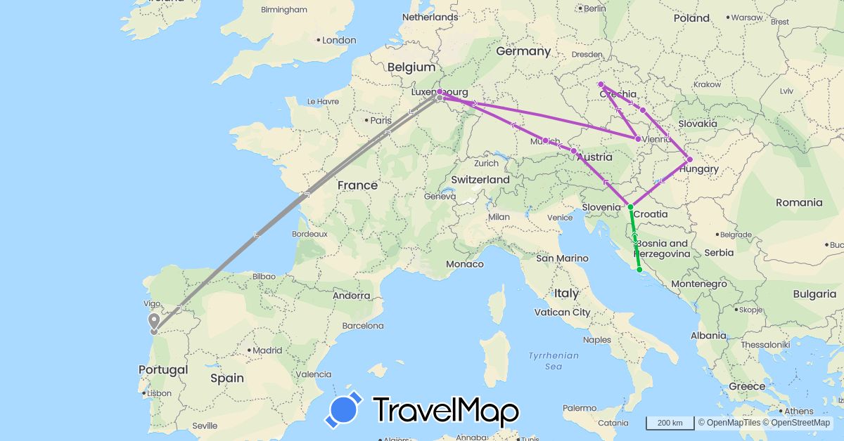 TravelMap itinerary: driving, bus, plane, train in Austria, Czech Republic, Germany, Croatia, Hungary, Luxembourg, Portugal (Europe)